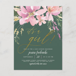 Dark Green & Gold ist eine Girl Floral Baby Dusche Einladungspostkarte