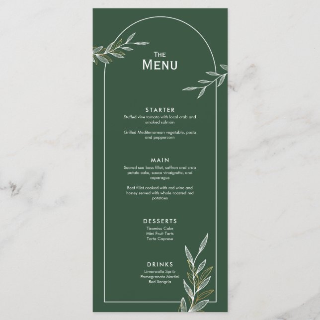 Dark Green Gold Leaf Wedding Event Menu Karte Kart (Vorderseite)