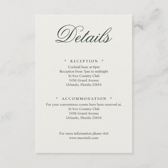 Dark Green Greenery Wedding Calligraphy Details Begleitkarte (Vorderseite)