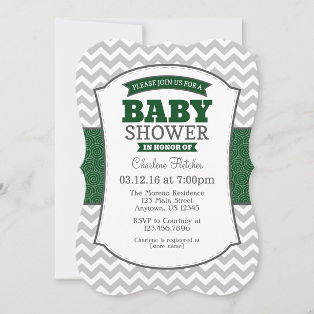 Dark Green Grey Zickzack Baby Shower Einladung (Vorderseite)