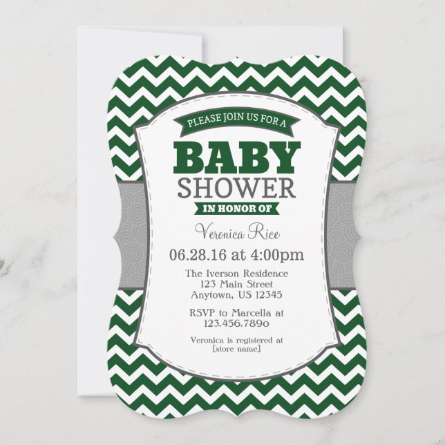 Dark Green Grey Zickzack Baby Shower Einladung (Vorderseite)
