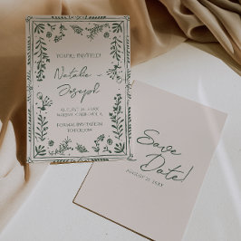 Dark Green Hand Drawn Floral Garden Boho Wedding Save The Date