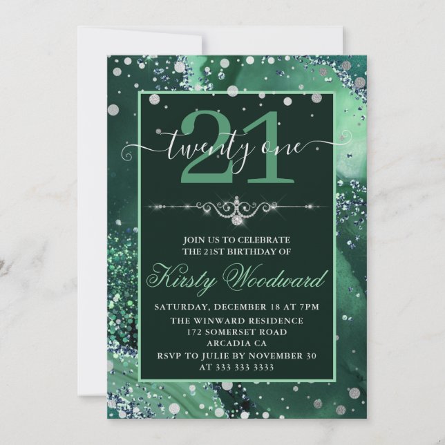 Dark Green Imitats Glitzer Agate Birthday Einladung (Vorderseite)