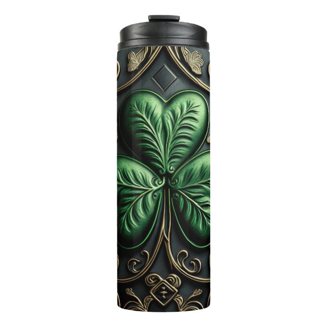 DARK GREEN INTRICATE IRISH CELTIC KLEEBLATTS THERMOSBECHER (Vorderseite)