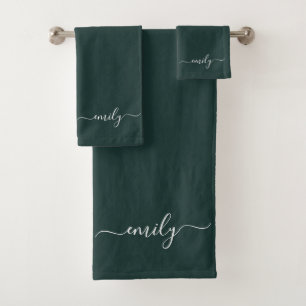 Dark Green Modern Script Monogram Name Badhandtuch Set