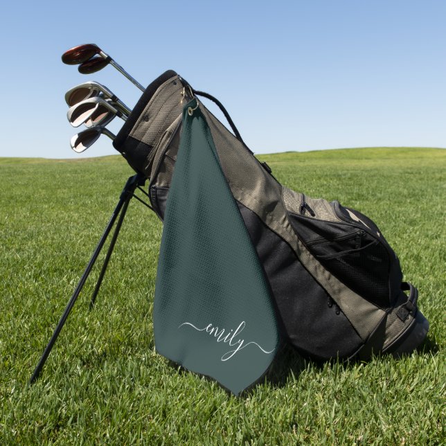 Dark Green Modern Script Monogram Name Golfhandtuch (Gras)