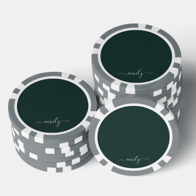 Dark Green Modern Script Monogram Name Pokerchips (Stapel)