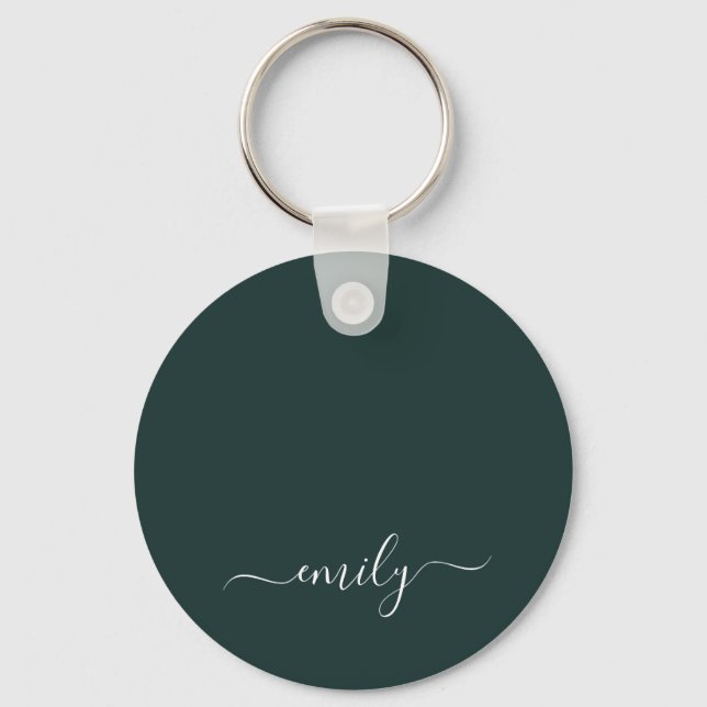 Dark Green Modern Script Monogram Name Schlüsselanhänger (Vorderseite)