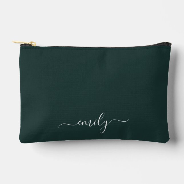 Dark Green Modern Script Monogram Name Zubehörtasche (Vorderseite)