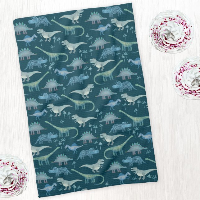Dark Green Niedlich Dinosaur-Muster Geschirrtuch (Dinosaur pattern teal green art kitchen tea towel)
