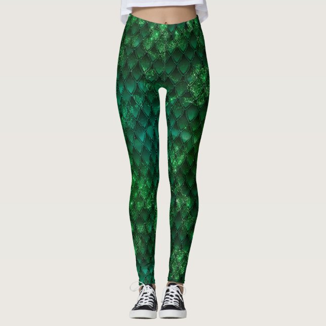Dark Green Ombre & Glitzern Dragon Scales Leggings (Vorderseite)
