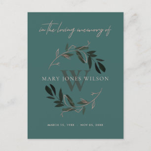 DARK GREEN PINK FOLIAGE WREATH MEMORIAL DANKE EINLADUNGSPOSTKARTE