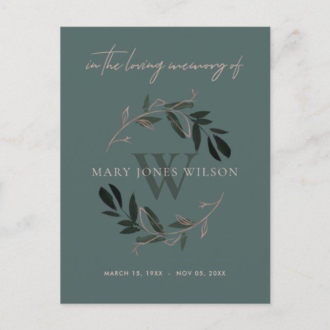 DARK GREEN PINK FOLIAGE WREATH MEMORIAL DANKE EINLADUNGSPOSTKARTE (Vorderseite)