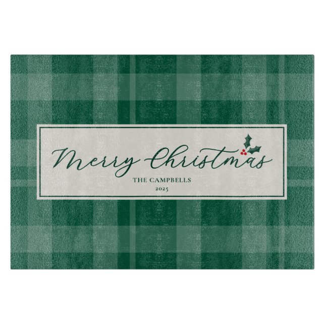 Dark Green Plaid Merry Christmas Script Schneidebrett (Vorderseite)