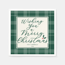 Dark Green Plaid Wishing You A Merry Christmas Serviette
