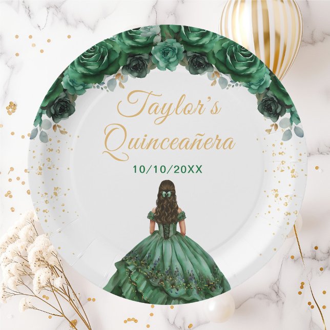Dark Green Princess Floral Quinceañera Pappteller (Von Creator hochgeladen)
