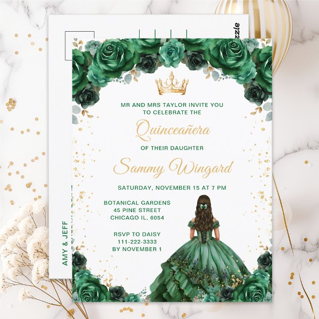 Dark Green Princess Floral Quinceañera Postkarte (Von Creator hochgeladen)