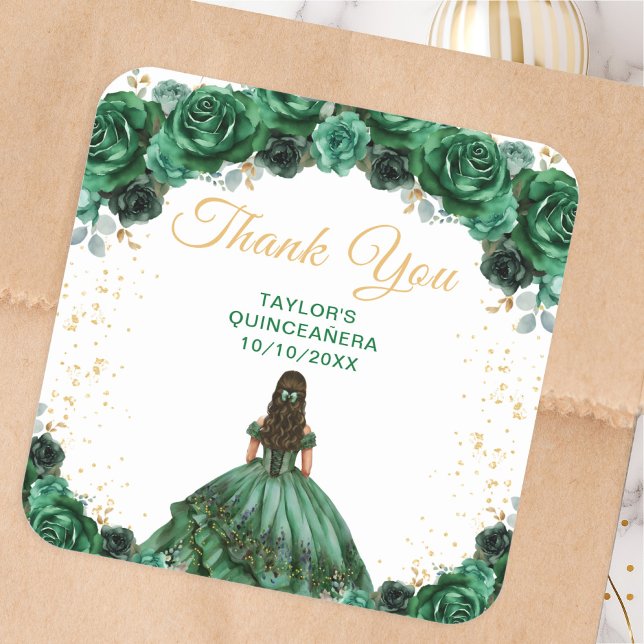 Dark Green Princess Quinceañera Vielen Dank Quadratischer Aufkleber (Von Creator hochgeladen)