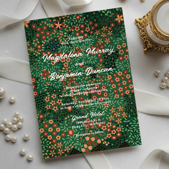 Dark Green Red Art Tapestry Textile Floral Wedding Folieneinladung (Von Creator hochgeladen)