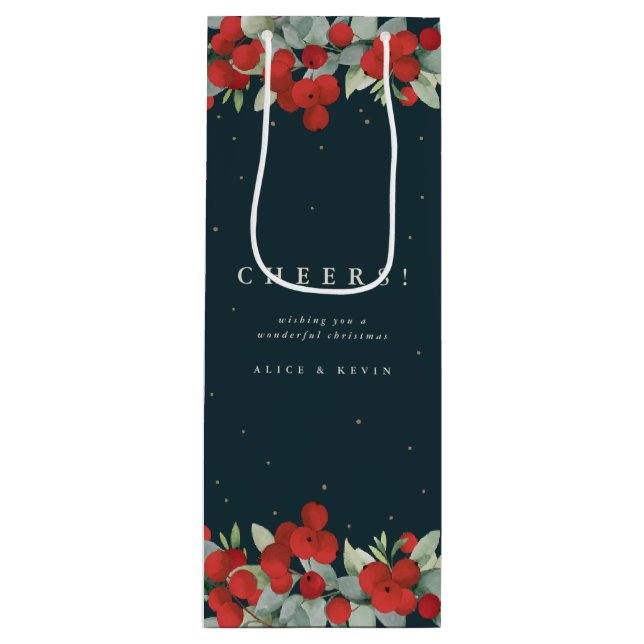 Dark Green Red Berry+Eukalyptus Christmas/Holiday Geschenktüte Für Weinflaschen (Vorderseite)