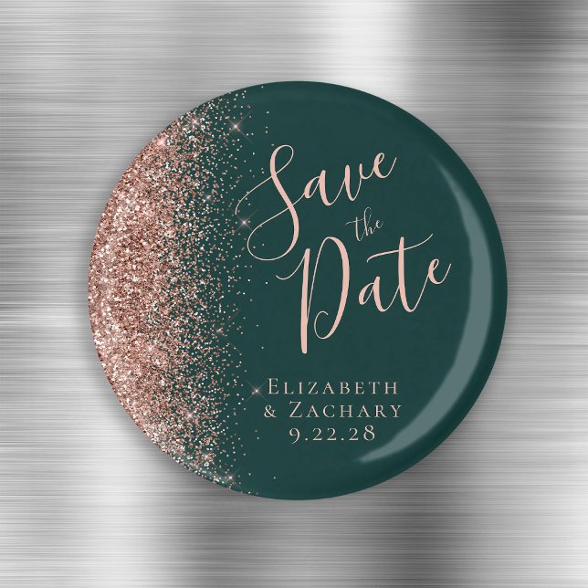 Dark Green Rose Gold Glitzer Script Save the Date Magnet (Von Creator hochgeladen)