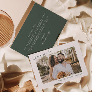 Dark Green Simple Foto Heart Script Wedding Dankeskarte
