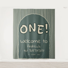 Dark Green Stripes 1st Birthday Backdrop Wandteppich