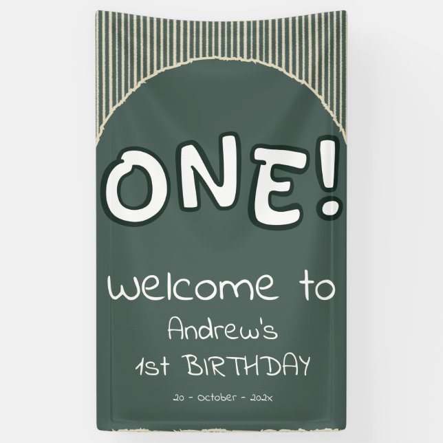 Dark Green Stripes 1st Birthday Banner (Vertikal)