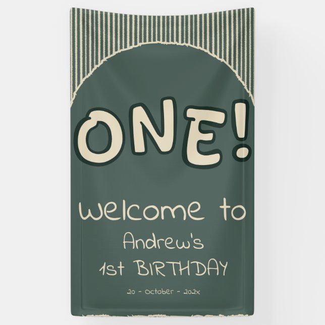 Dark Green Stripes 1st Birthday Banner (Vertikal)