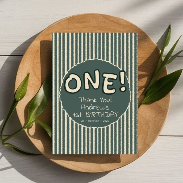 Dark Green Stripes 1st Birthday Dankeskarte (Von Creator hochgeladen)