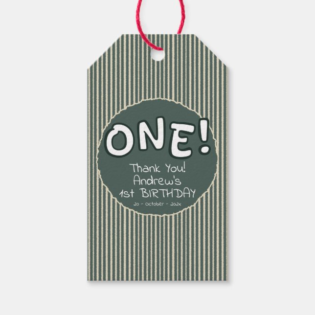 Dark Green Stripes 1st Birthday Geschenkanhänger (Vorderseite)