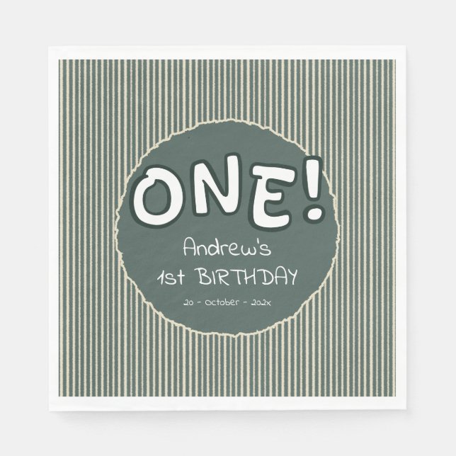 Dark Green Stripes 1st Birthday Serviette (Vorderseite)
