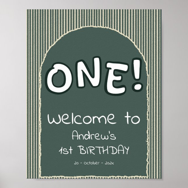 Dark Green Stripes 1st Birthday Welcome Sign Poster (Vorne)