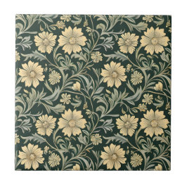 Dark green stylized yellow flowers  pattern  fliese