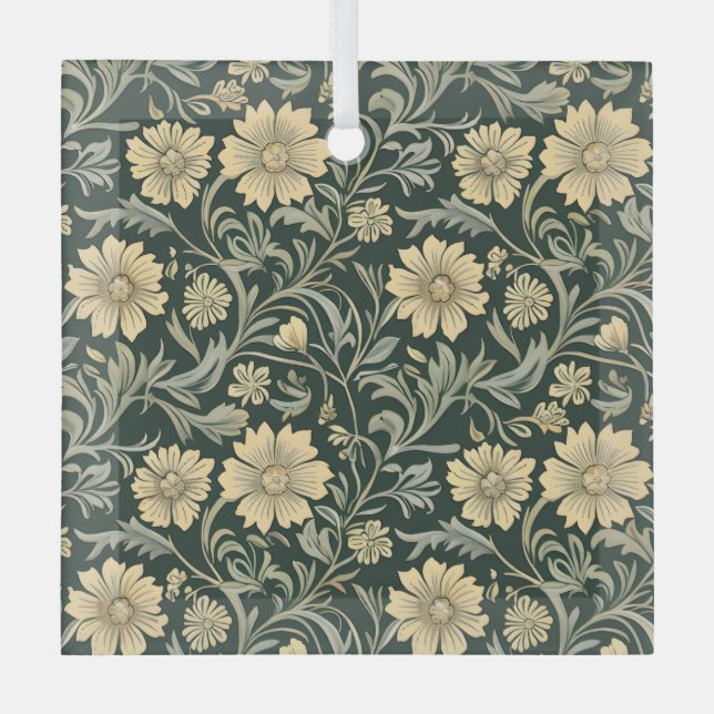 Dark green stylized yellow flowers  pattern  ornament aus glas (Vorderseite)