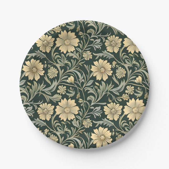 Dark green stylized yellow flowers  pattern  pappteller (Vorderseite)