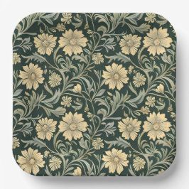Dark green stylized yellow flowers  pattern  pappteller