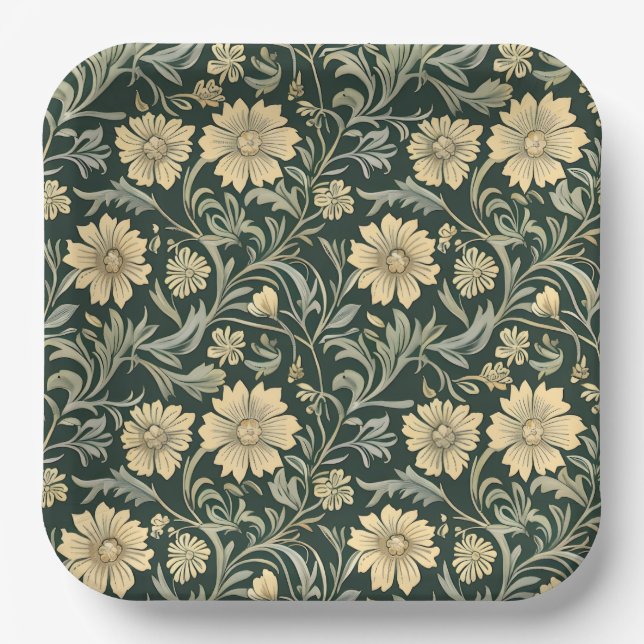 Dark green stylized yellow flowers  pattern  pappteller (Vorderseite)