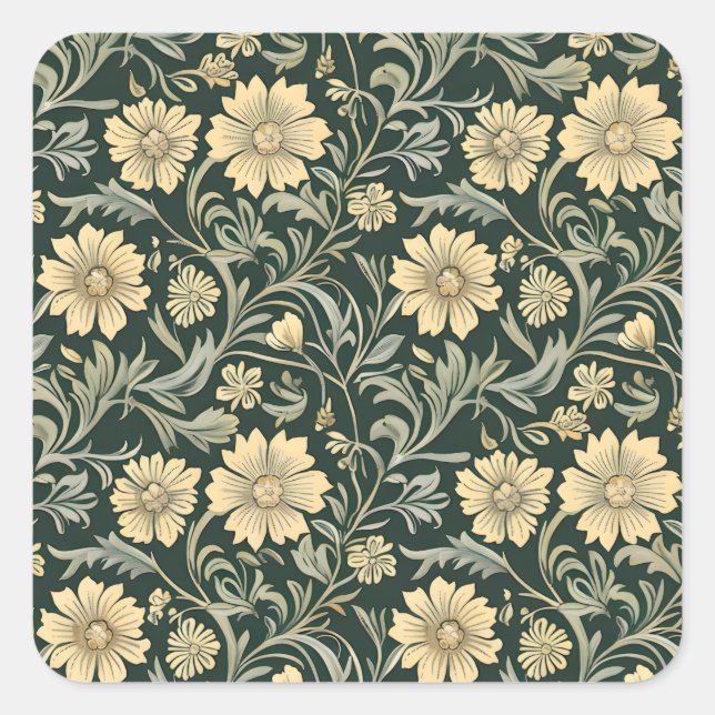 Dark green stylized yellow flowers  pattern  quadratischer aufkleber (Vorderseite)