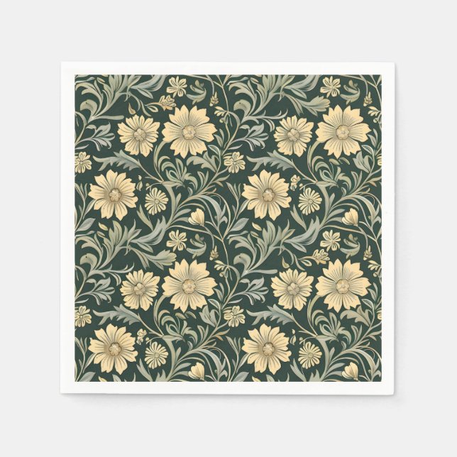 Dark green stylized yellow flowers  pattern  serviette (Vorderseite)