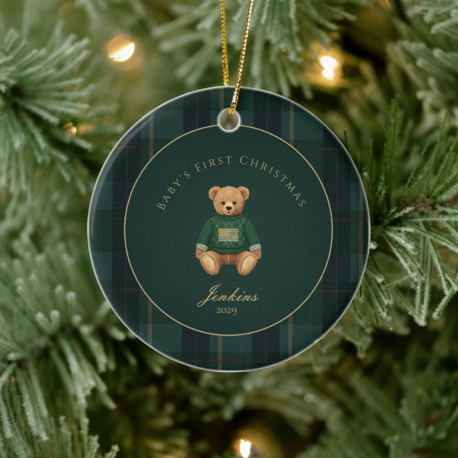 Dark Green Tartan Plaid Babys First Christmas  Keramik Ornament (Baum)