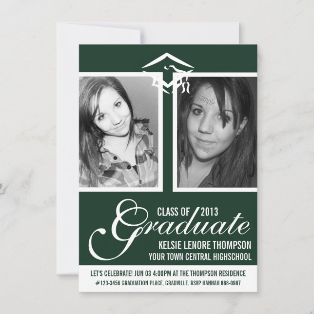 Dark Green Two Foto Graduate Cap und Script Einladung (Vorderseite)