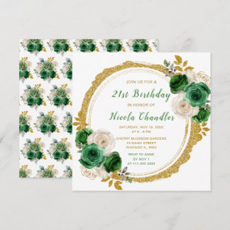 Dark Green und Gold Elegante Blume Geburtstagspart Einladung