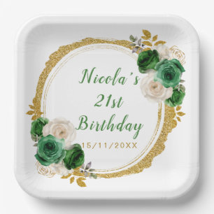 Dark Green und Gold Elegante Blume Geburtstagspart Pappteller