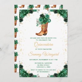 Dark Green und Gold Floral Cowboy Boot Quinceañera Einladung