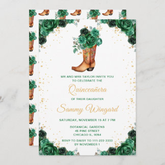 Dark Green und Gold Floral Cowboy Boot Quinceañera Einladung