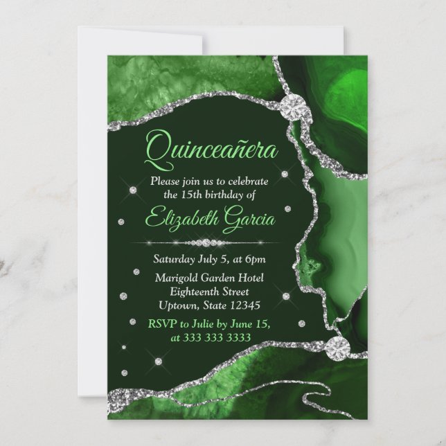 Dark Green und Silver Glitzer Agate Quinceanera Einladung (Vorderseite)