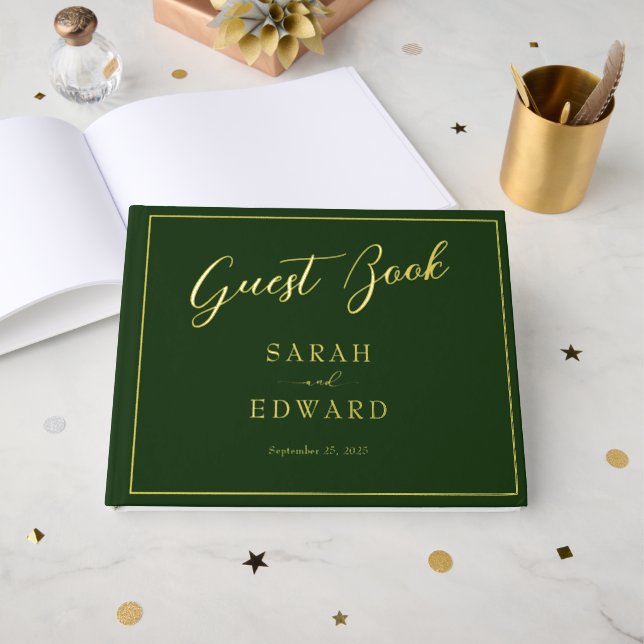 Dark Green Wedding Gold Foil Guestbook Gästebuch (Vorderseite offen)