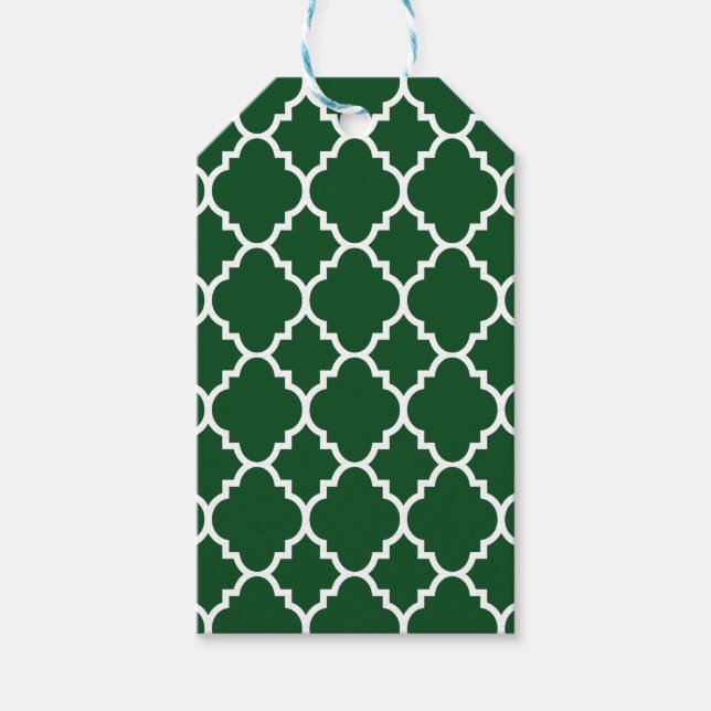 Dark Green White Quatrefoil marokkanisches Muster Geschenkanhänger (Vorderseite)