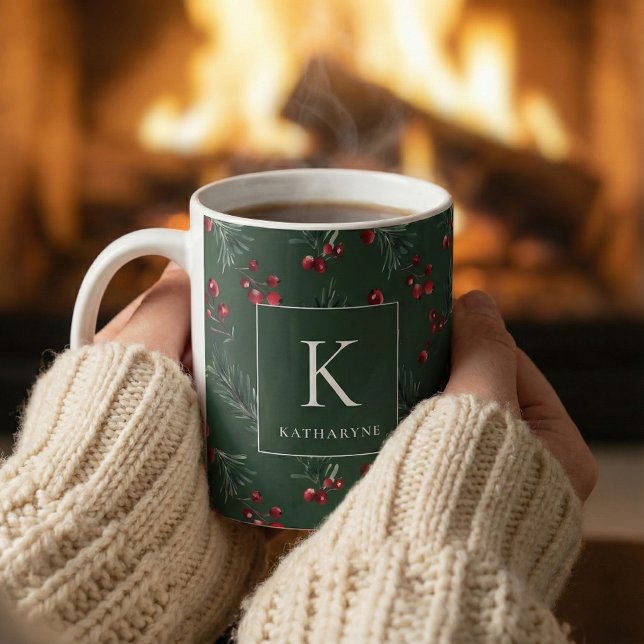 Dark Green Winter Watercolor Botanic Monogram Kaffeetasse (Von Creator hochgeladen)